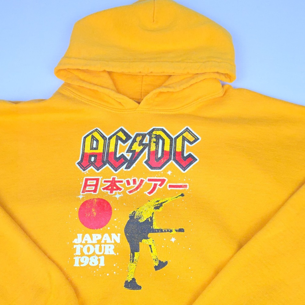 AC/DC Japan Tour 1981 Pullover Hoodie Mens Large Yellow Graphic Fleece Cotton